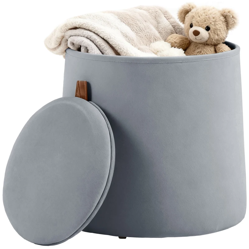 HOMCOM Pouf coffre rangement, pouf repose-pieds en tissu velours givré, couvercle réversible, Ø 44 x 47,5 cm, gris
