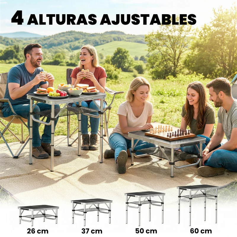 Outsunny Mesa Plegable Camping 60x40x60 cm con Altura Ajustable en 4 Niveles Red de Almacenamiento Marco de Aluminio Negro