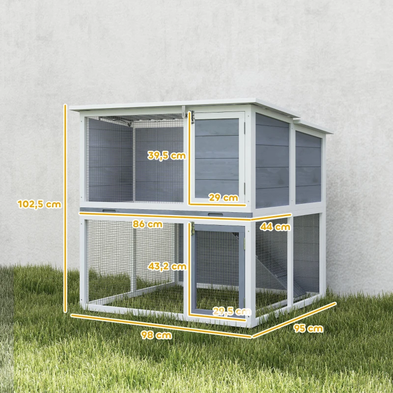 PawHut Hasenstall 2 Etagen Kaninchenstall aus Holz mit wetterfest aufklappbar Dach, Freilaufgehege, Rampe, 98x95x102,5 cm Grau