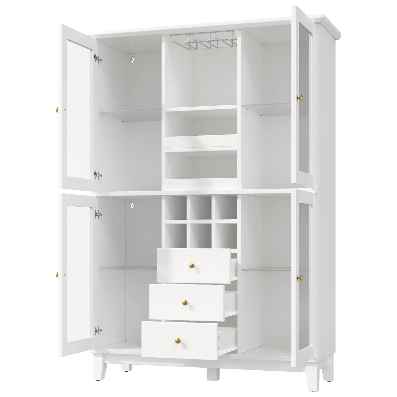 White Wine Cabinet with App-Controlled RGB LED Lighting, Adjustable-Dlass-Shelf Showcase with Wine Rack and Glass Holder, 120L x 40W x 180.5H cm, White