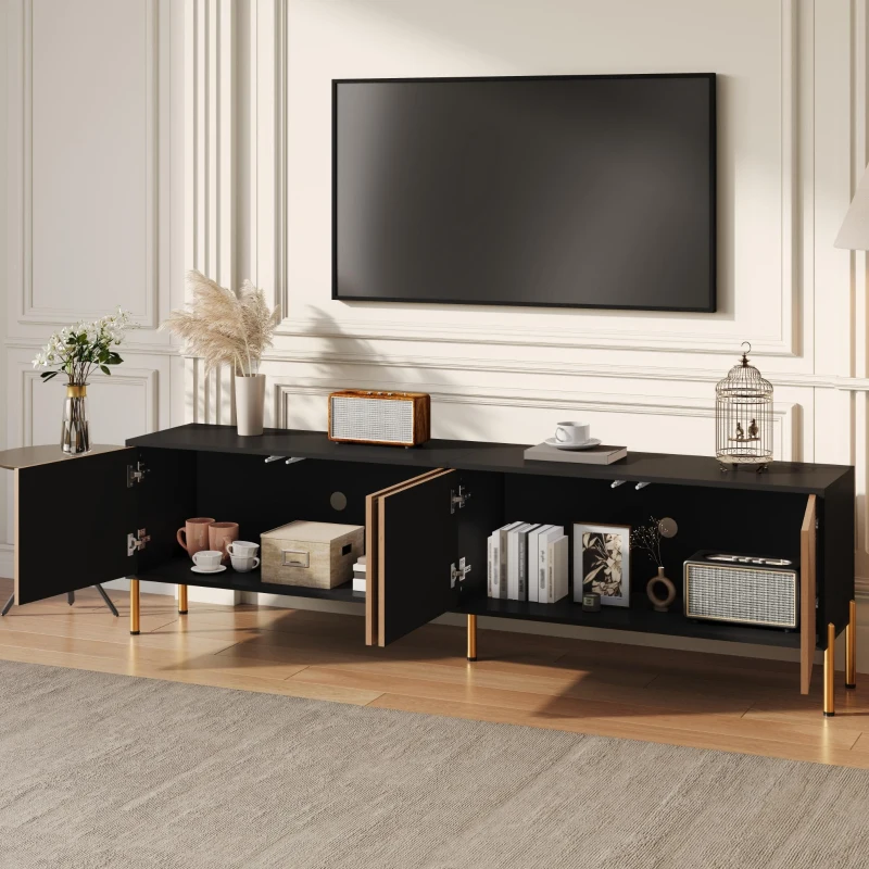 Spacious TV Cabinet with 4-Door Concealed Storage, Practical TV Stand for Dining Rooms and Living Rooms, 179L x 35W x 53.5H cm, Black+Wood