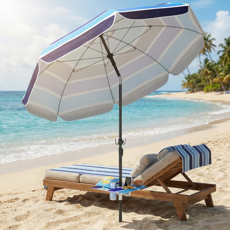 Outsunny Sombrilla de Playa con Mesa Plegable y Portavasos Ø198 cm Altura Ajustable Inclinación Bolsa de Transporte Multicolor