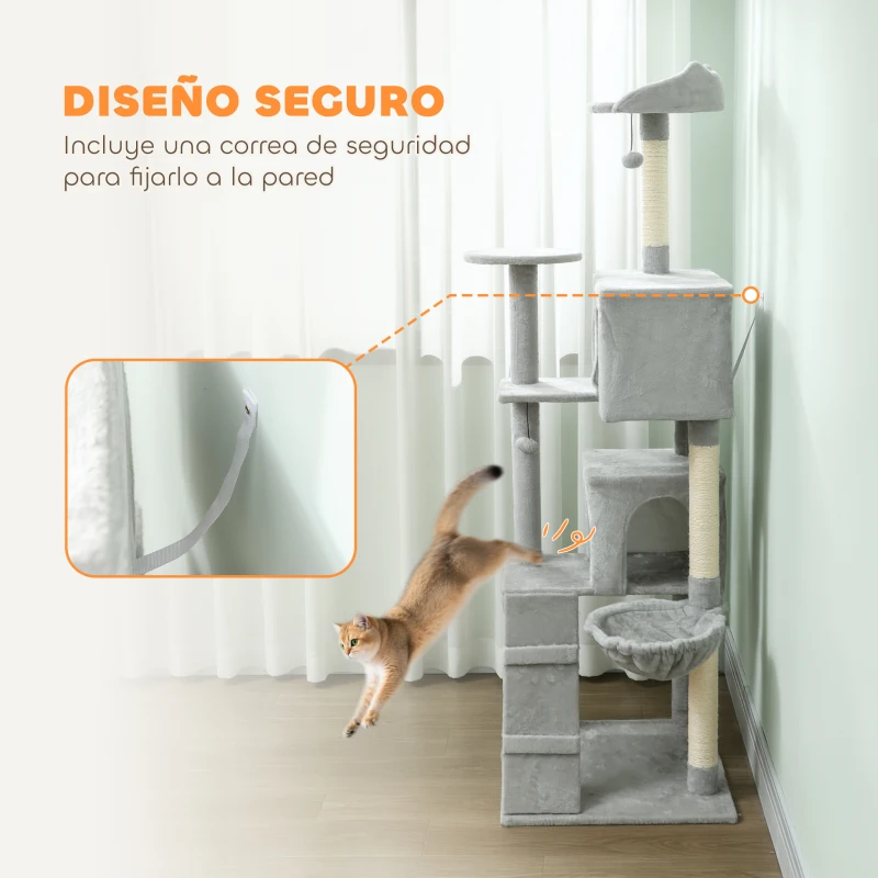 PawHut Árbol Rascador para Gatos 180 cm con Plataformas Cama 2 Cuevas Hamaca Escalera Postes de Sisal Gris Claro