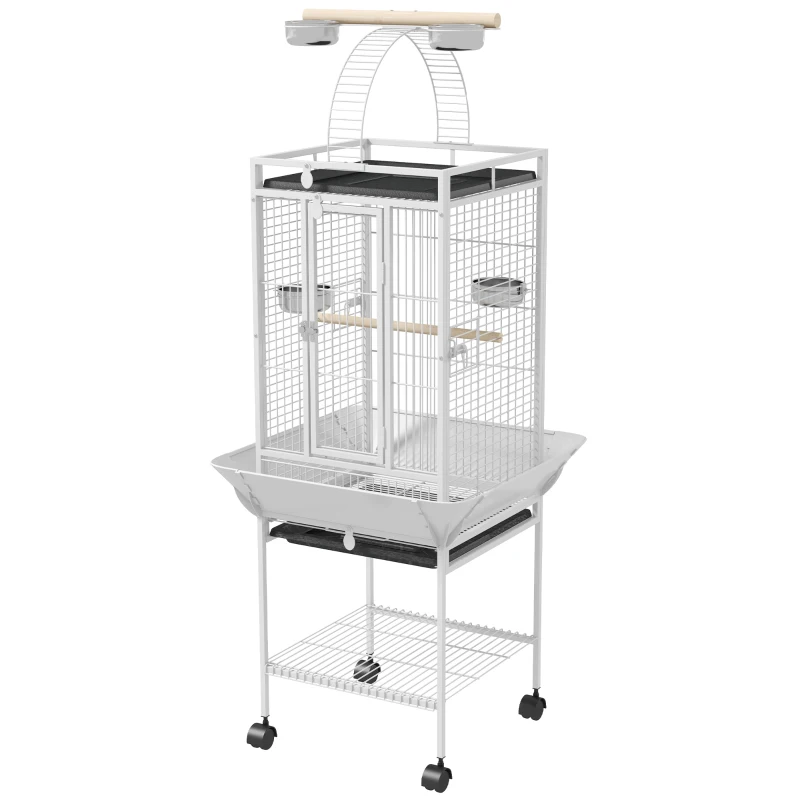 PawHut Vogelkäfig, Papageienkäfig mit 3 Türen, 2 Sitzstange, 360° Rollen, Futternapf, Ablage, Freisitz, 62,5x62,5x156cm, Weiß