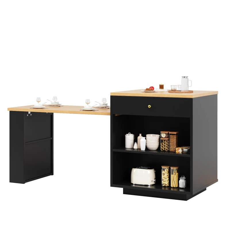 Extendable Bar Table with Arched Tempered Glass Doors, Space-Saving Dining Table for Kitchen or Living Space, 195.5L x 70W x 93.5H cm, Black