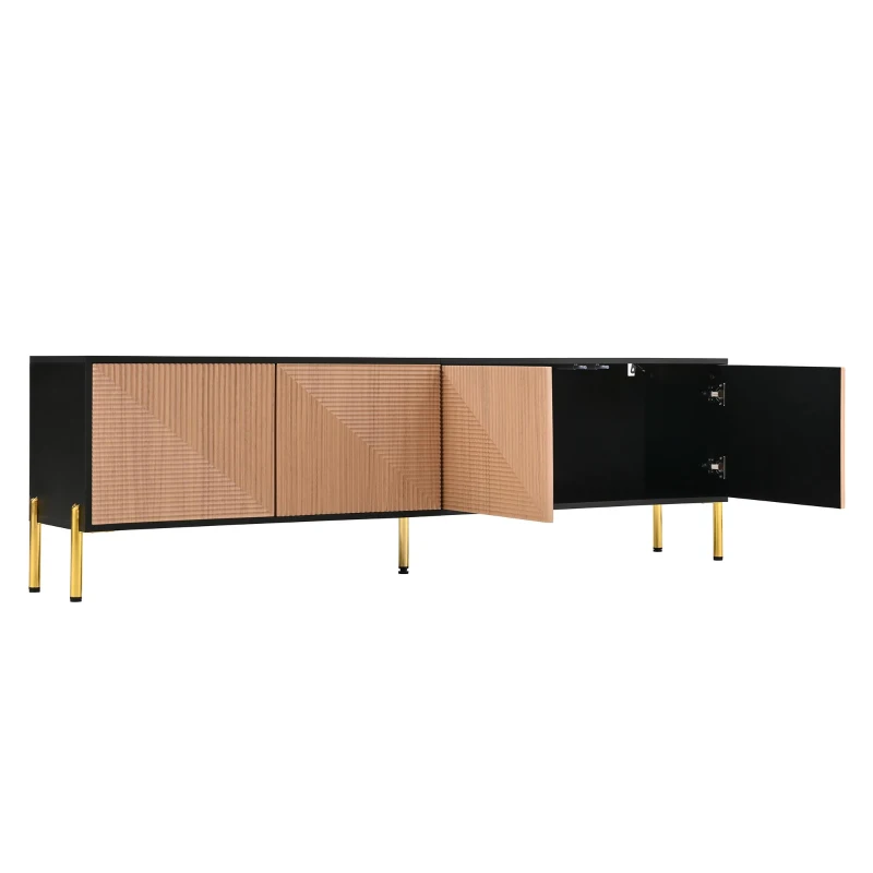 Spacious TV Cabinet with 4-Door Concealed Storage, Practical TV Stand for Dining Rooms and Living Rooms, 179L x 35W x 53.5H cm, Black+Wood
