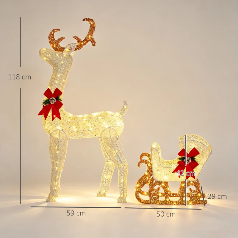 Outsunny LED-Weihnachtsdekoration, leuchtendes Rentier und Schlitten, 170 Lichter, 50 x 29 x 42 cm