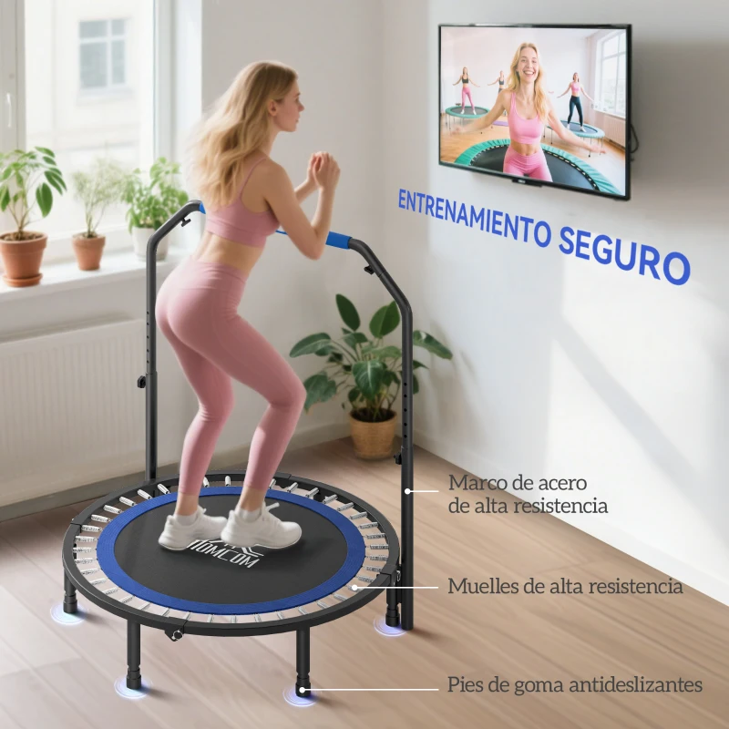 HOMCOM Cama Elástica Plegable Ø114 cm con Mango Ajustable Marco de Acero para Entrenamiento Piernas Cuerpo Azul y Negro