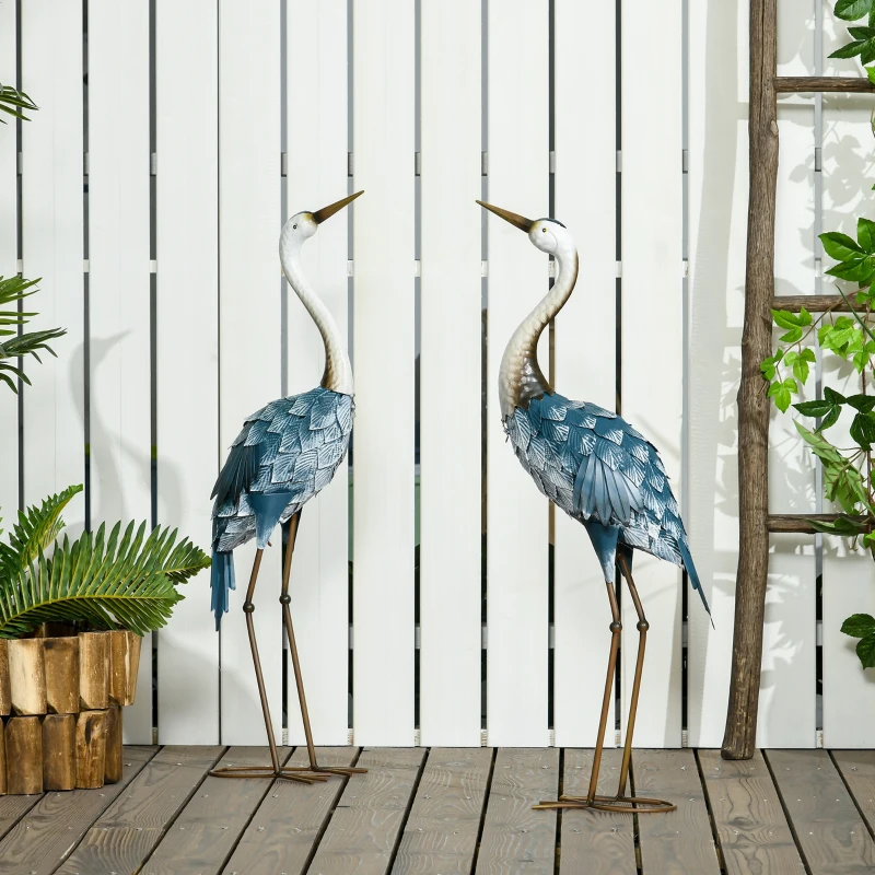Outsunny Lot de 2 statues de jardin sculpture de la grue décoration d'oiseau extérieure acier pour terrasse balcon cour pelouse