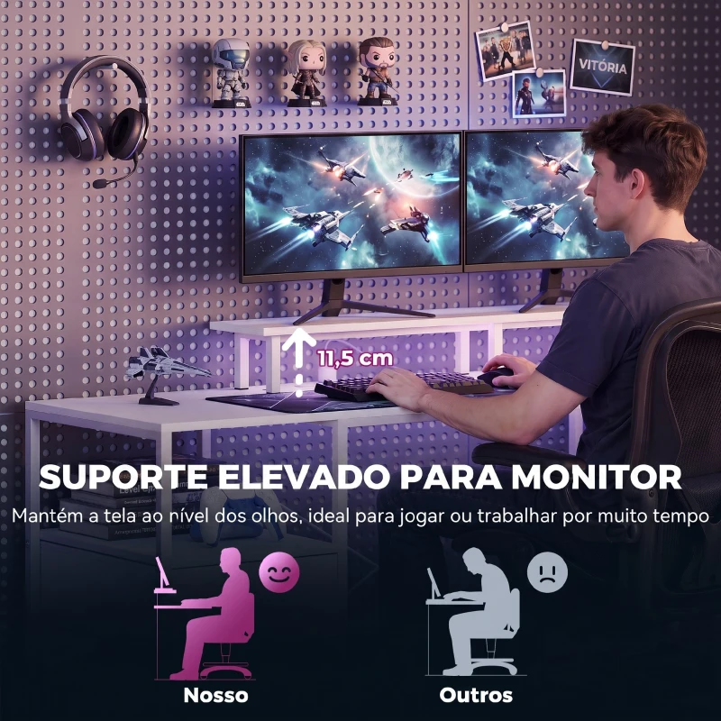 HOMCOM Secretária com Luzes LED Gavetas Tomadas Portas USB e Suporte para Monitor 155,5x48x88,5 cm Branco