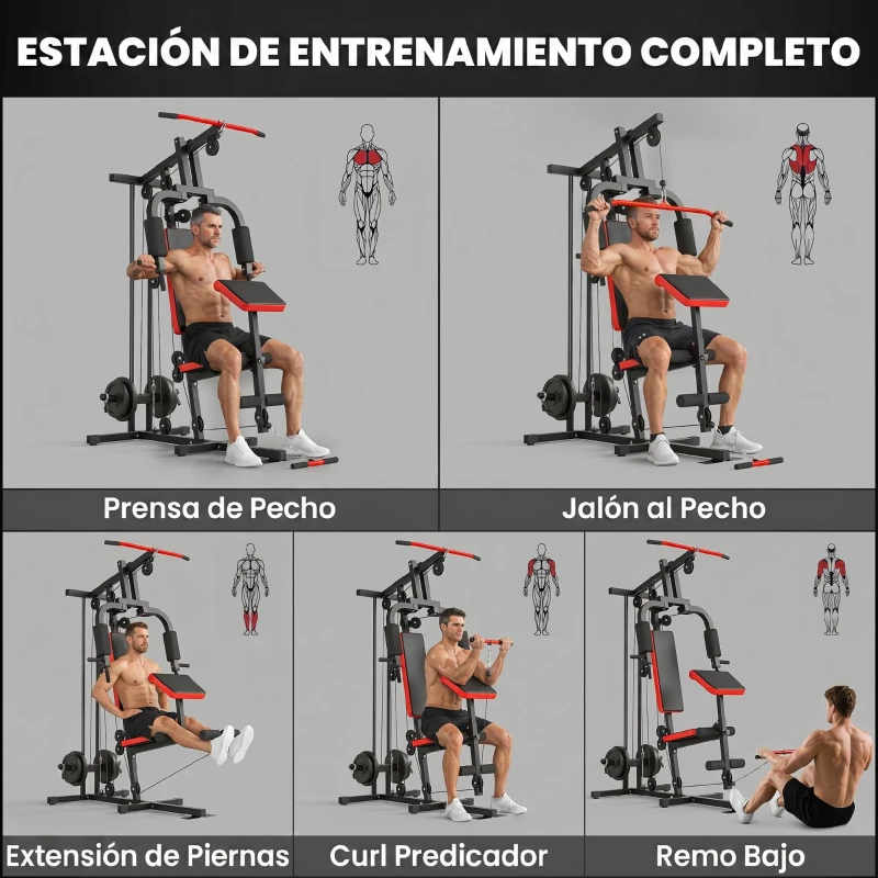SPORTNOW Máquina de Musculación con Polea Alta y Baja Prensa de Pecho y Piernas Compatible con Discos 25 y 50 mm (No Incluidos)