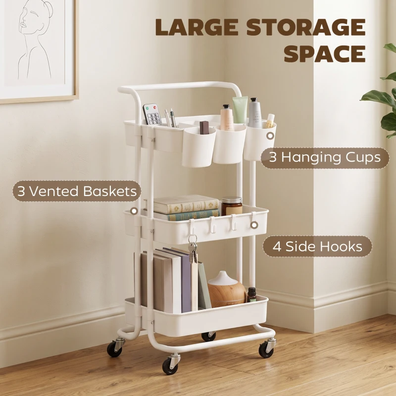HOMCOM Three-Tier Home Trolley, with Handle and Wheels - White