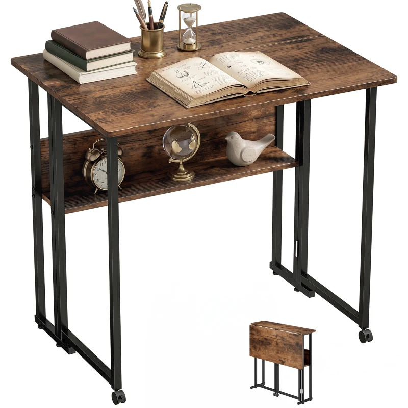 HOMCOM Klappbarer Schreibtisch mit Ablagefach, 80 cm Klapptisch für kleine Räume, Büro, Rustikales Braun