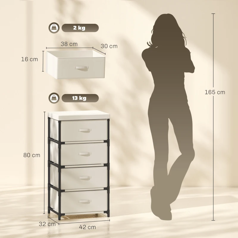 HOMCOM Comodă pentru dormitor cu 4 sertare textile, cadru din oțel, comodă pentru living, birou, dressing, bej