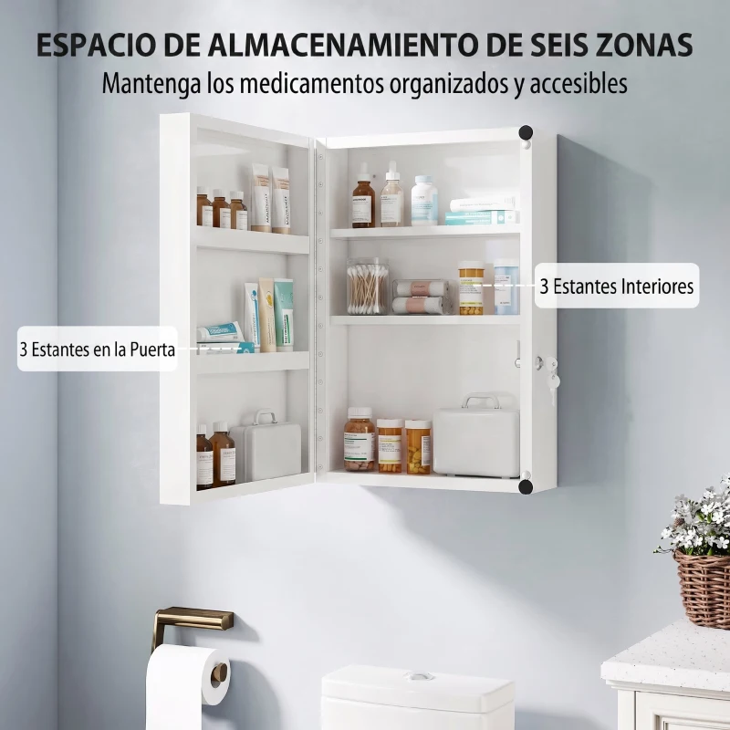 HOMCOM Botiquín de Pared con 6 Compartimentos Cerradura y 2 Llaves para Baño Cocina 40x18x60 cm Blanco