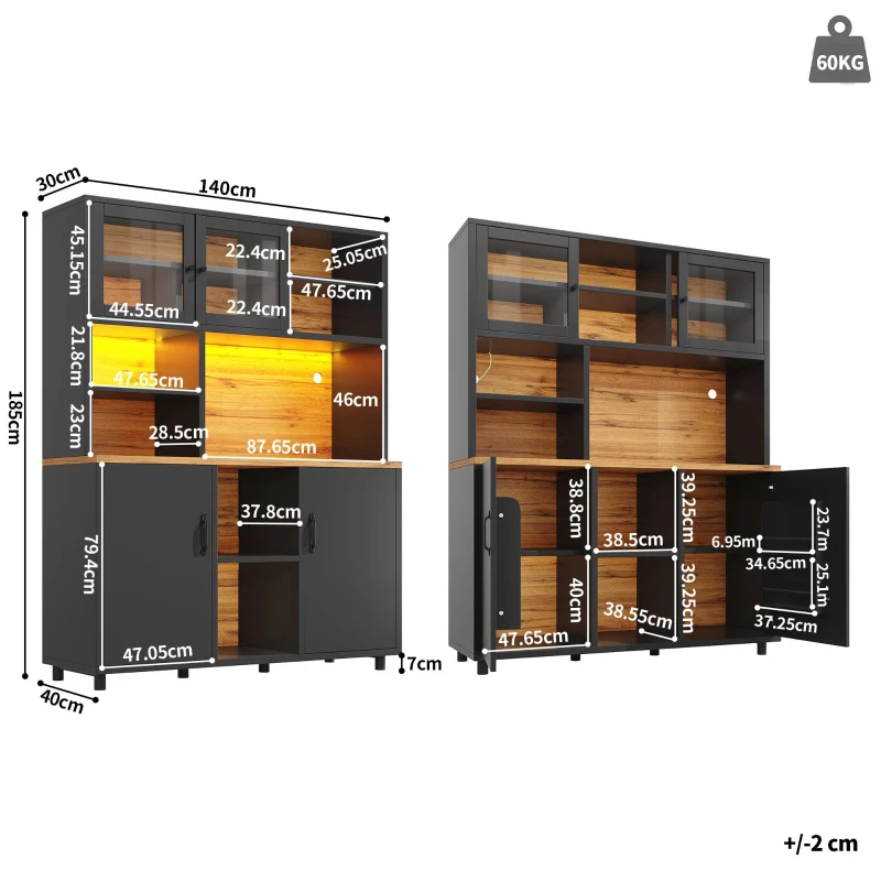 Tall Multi‑Purpose Storage Cabinet with App‑Controlled LED Lighting, Retro-Style Kitchen Hutch for Kitchen or Living Spaces, 140L x 40W x 185H cm, Black