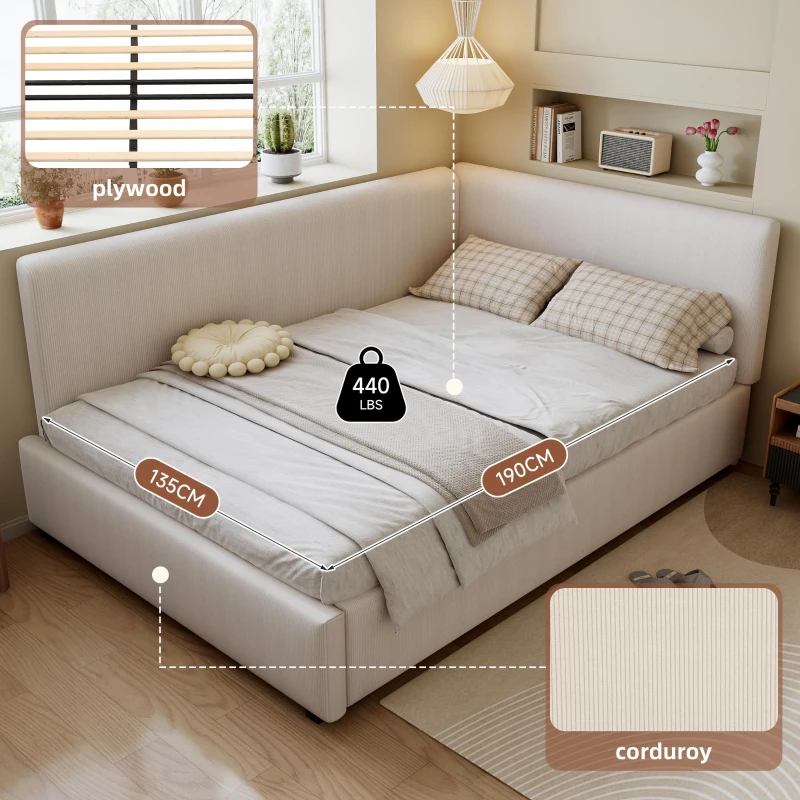 4ft6 Double Bed with Integrated Side Rails, Ideal Bed Frame for Children and Elderly Users, 194L x 146.5W x 82.5H cm, Beige