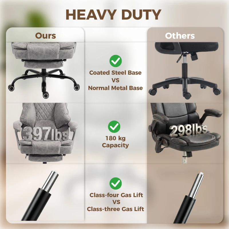 HOMCOM Executive Office Chair, Leathaire Big and Tall Office Chair 180 kg with Wide Seat, Reclining, Lumbar Support, Grey