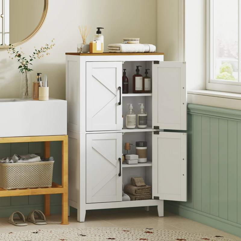 HOMCOM Meuble de salle de bain, meuble de rangement étroit avec 4 portes de grange et étagères réglables, blanc
