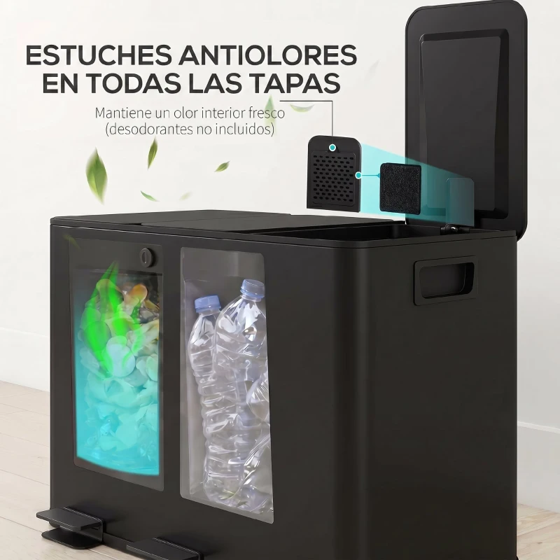 HOMCOM Papelera Cocina de Acero Inoxidable con 3 Compartimentos 3x15L con Pedales Tapas de Cierre Suave y Cubo Extraíble Negro