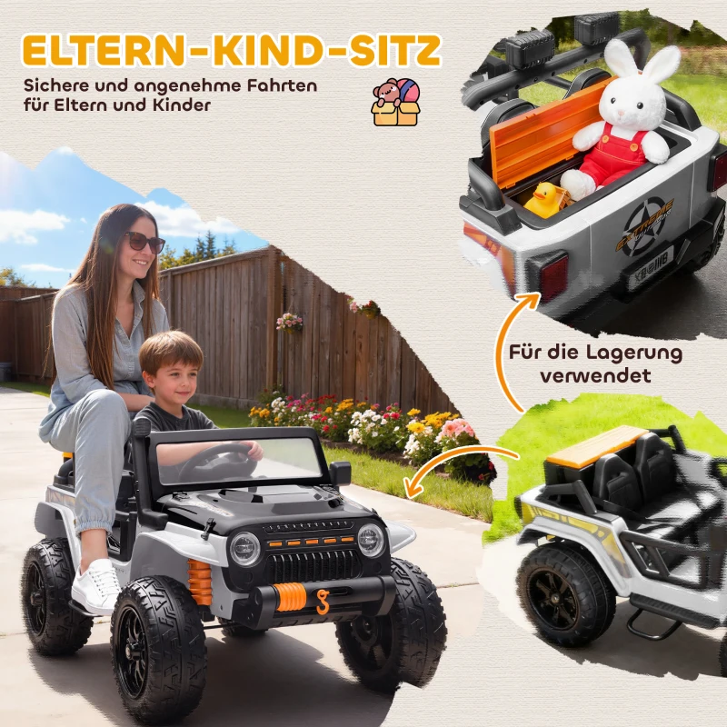 AIYAPLAY Elektrofahrzeug für Kinder, 12V Batterie, mit Eltern-Kind-Sitz, fernsteuerbar, Musik, Hupe, LED-Lichter, 3-8 Jahre, Weiß