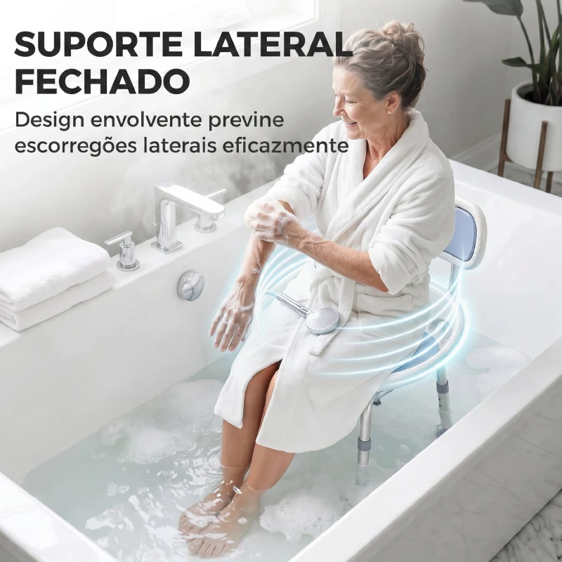 HOMCOM Cadeira de Duche com Encosto Almofadado, Rebordos Laterais e Altura Regulável, 136 kg, Azul