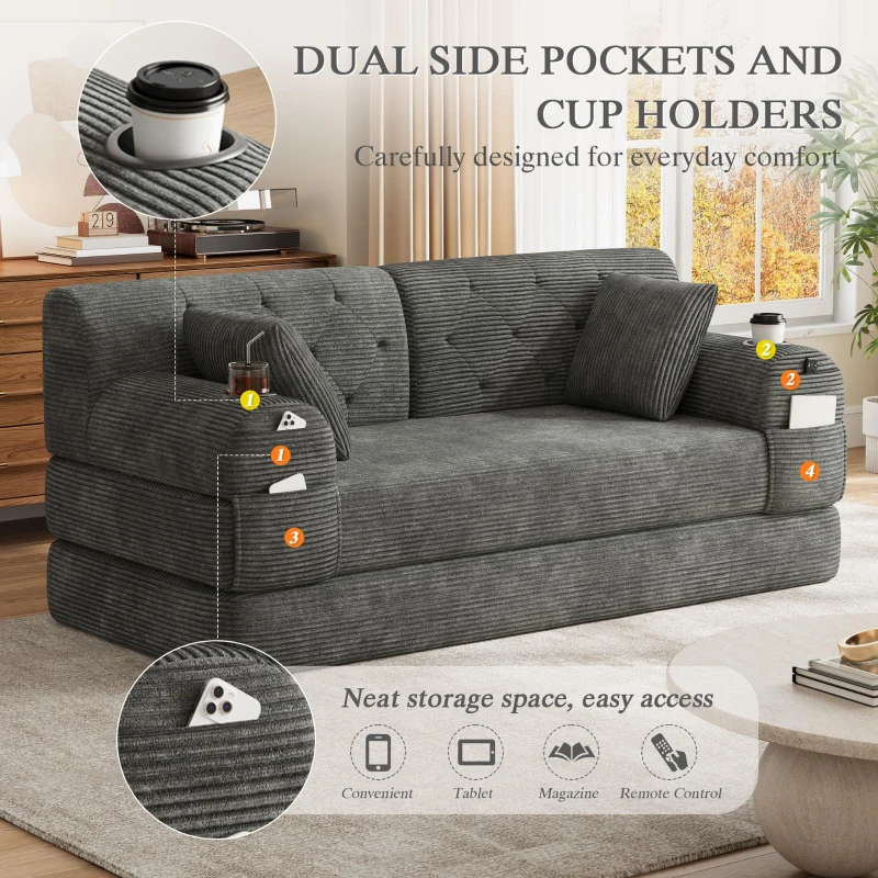Corduroy Convertible Sofa Bed with Metal Frame and High-Density Foam, 2-Seater Sleeper Sofa with High Backrest, 168L x 80W x 81H cm, Dark Gray