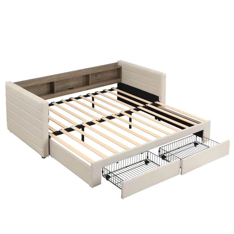 Practical Upholstered Daybed with Pull-Out Trundle, Ideal Bed Frame for Studios, Living Rooms, or Guest Spaces, 200L x 140W x 100H cm, Beige