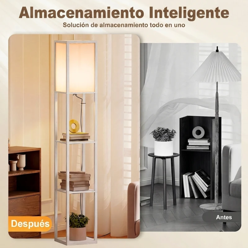 HOMCOM Lámpara de Pie con Estantes de Almacenaje, Lámpara de Lectura Moderna, Pantalla de Acrílico, Casquillo E27, para Decoración, Salón, Dormitorio, Oficina, Blanco
