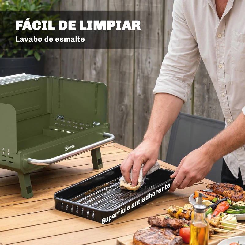 Outsunny Barbacoa de Carbón Plegable 52x37x31,8 cm con Rejilla Ajustable Estante Lateral Plegable y Bandeja Extraíble Verde