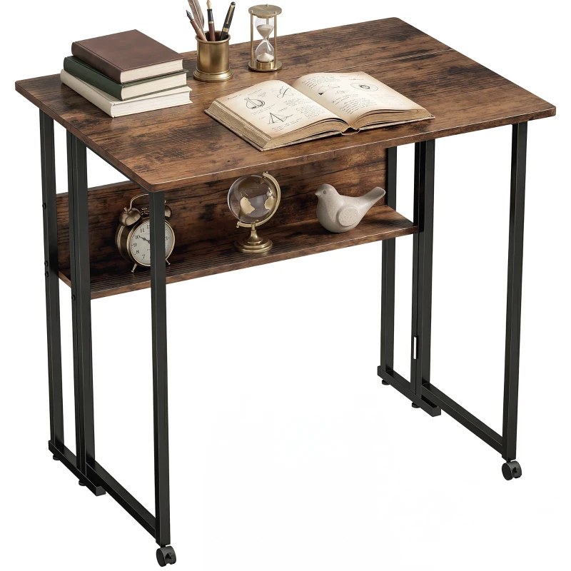 HOMCOM Klappbarer Schreibtisch mit Ablagefach, 80 cm Klapptisch für kleine Räume, Büro, Rustikales Braun