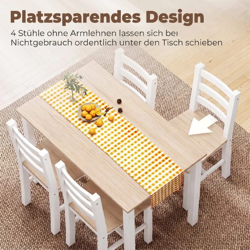 HOMCOM 5-teiliges Essgruppe für 4 Personen, Landhaus-Esstisch und Stühle aus Massivholz, Natur/Weiß