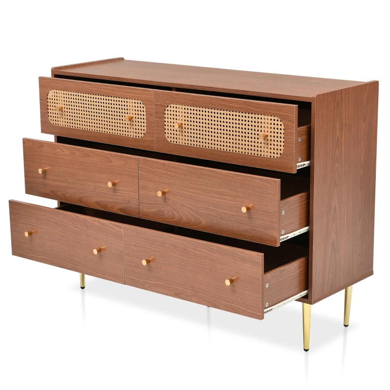 Rattan Sideboard Cabinet with 2 Perforated Rattan-Front Drawers, Walnut 6-Drawer Dresser for Lounge or Dining Areas, 120L x 40W x 90H cm, Walnut