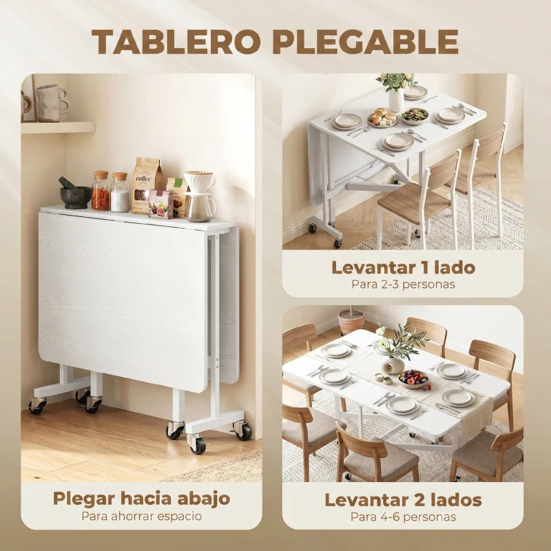 HOMCOM Mesa de Comedor Plegable para 4-6 Personas con Ruedas y Alas Abatibles Mesa Abatible para Cocina 120x80x73 cm Blanco