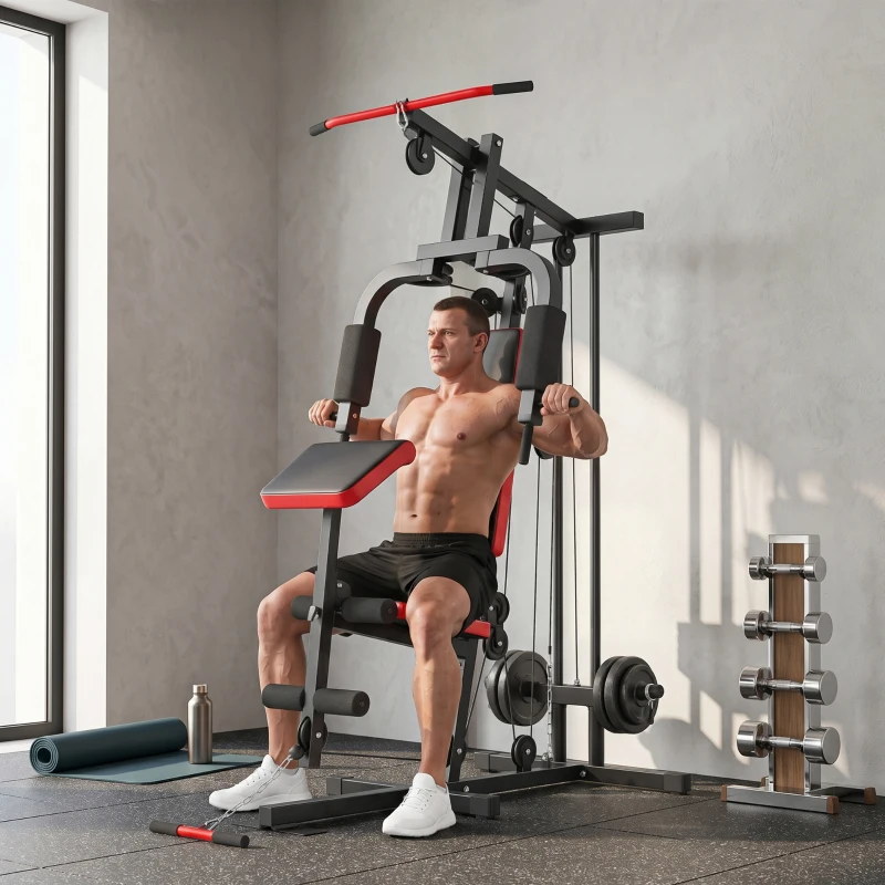 SPORTNOW Máquina de Musculación con Polea Alta y Baja Prensa de Pecho y Piernas Compatible con Discos 25 y 50 mm (No Incluidos)