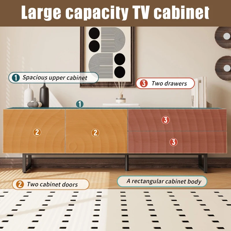 Practical TV Cabinet with 2-Door Cabinet and 2 Drawers, Solid TV Stand with Metal Legs and Particleboard Frame, 180L x 38W x 51.5H cm, Wood