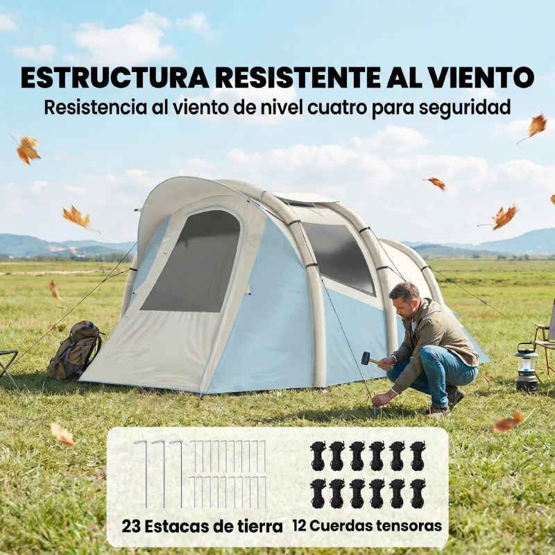 Outsunny Tienda Campaña Inflable 2-3 Personas con Bomba Dormitorio y Zona de Estar Impermeable 3000 mm Montaje Rápido Azul Claro