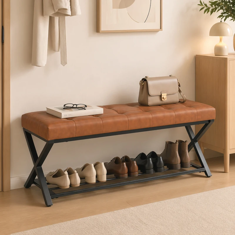 HOMCOM Schuhbank, Eingangsbank mit Kunstlederpolster, Ablage bis 220 kg für Flur, Eingangsbereich, 112 x 37 x 47 cm, Braun