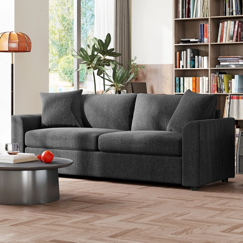 HOMCOM 3-zitsbank met sierkussens, cordbank voor woonkamer, slaapkamer, 212 cm breed, Donkergrijs