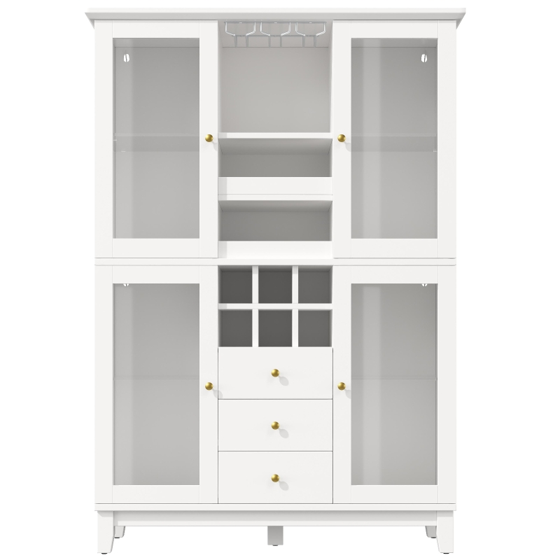 White Wine Cabinet with App-Controlled RGB LED Lighting, Adjustable-Dlass-Shelf Showcase with Wine Rack and Glass Holder, 120L x 40W x 180.5H cm, White