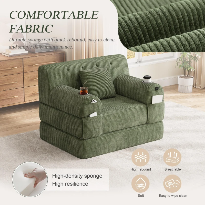 1-Seater Sleeper Sofa with Metal Frame and High-Density Foam, Single Convertible Chair Bed for Cosy Interiors, 107L x 80W x 81H cm, Green