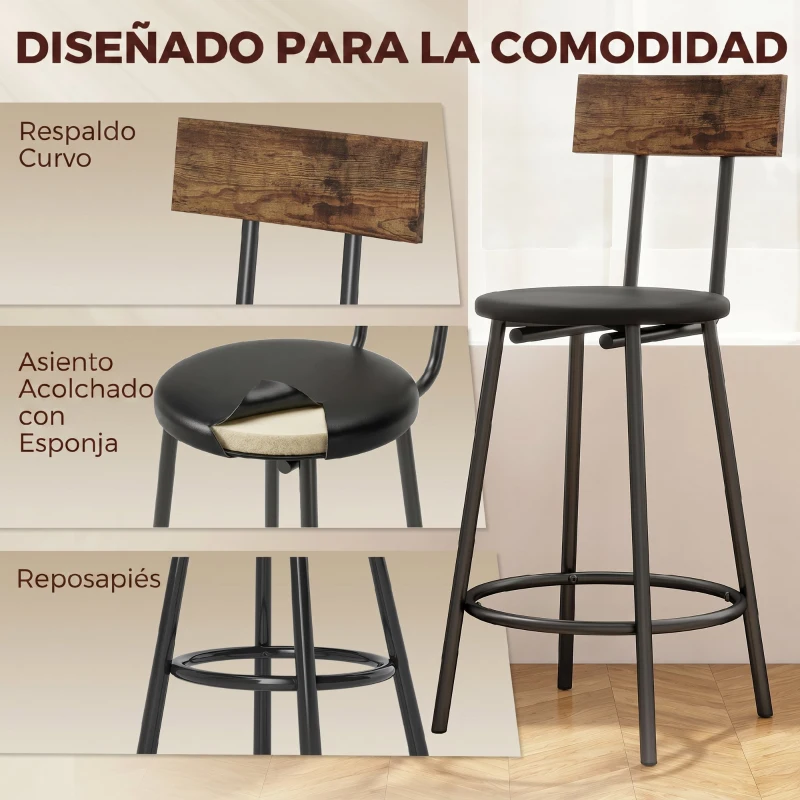 HOMCOM Set de 2 Taburetes de Bar con Respaldo y Reposapiés Tapizados en PU 41x47x92 cm Negro