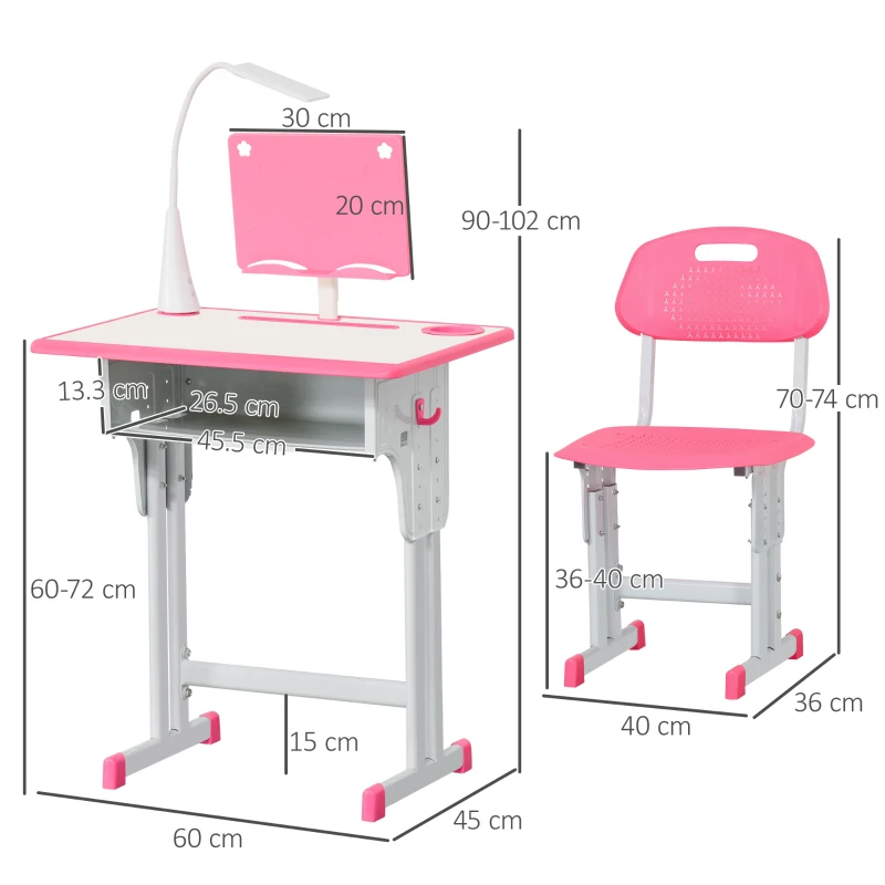 HOMCOM Kids Desk and Chair Set Adjustable Height Study Table Set with Drawer, Book Stand, Pen Slot - Pink