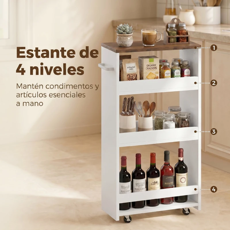 HOMCOM Carrito de Cocina Estrecho de 3 Niveles con Ruedas para Espacios Reducidos Comedor o Salón Blanco
