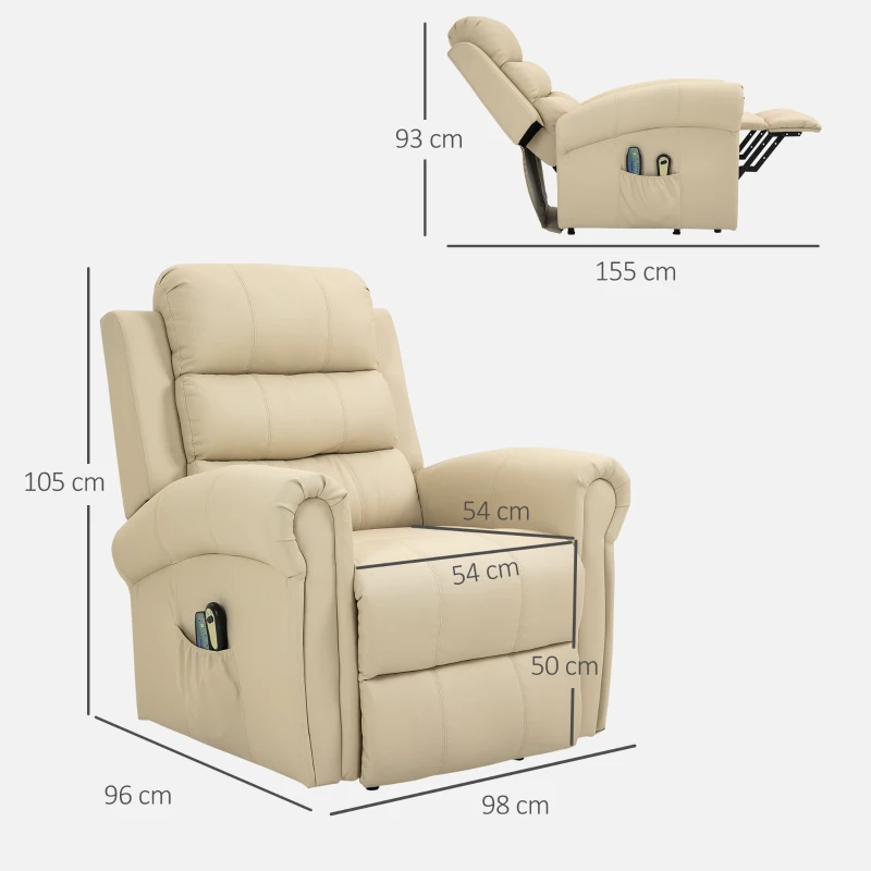 HOMCOM Sillón Relax Reclinable Eléctrico Levanta Personas con Masaje Vibratorio y Calor Control Remoto Crema