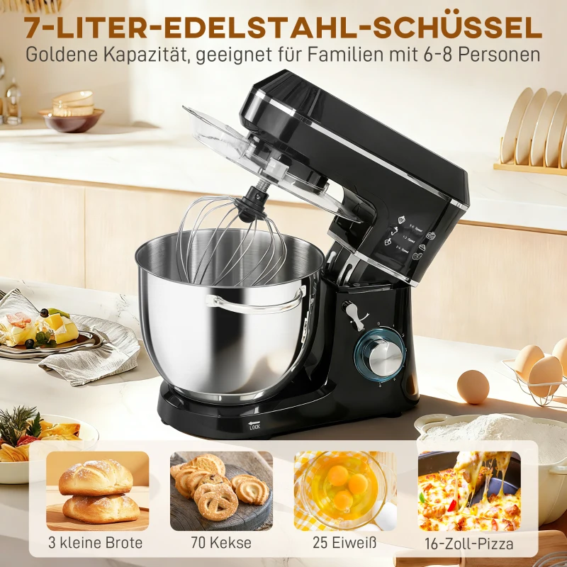 HOMCOM Küchenmaschine Knetmaschine mit 7L Edelstahlschüssel 1400W mit Kippkopf, Knethaken, Schneebesen, Rührbesen