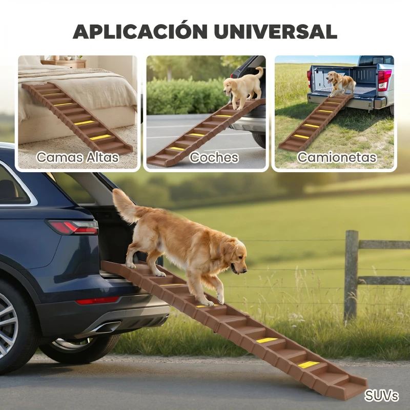 PawHut Rampa para Perros Plegable 154 cm Rampa para Perros para Coche Cama con 10 Escalones Antideslizantes Carga 25 kg Marrón