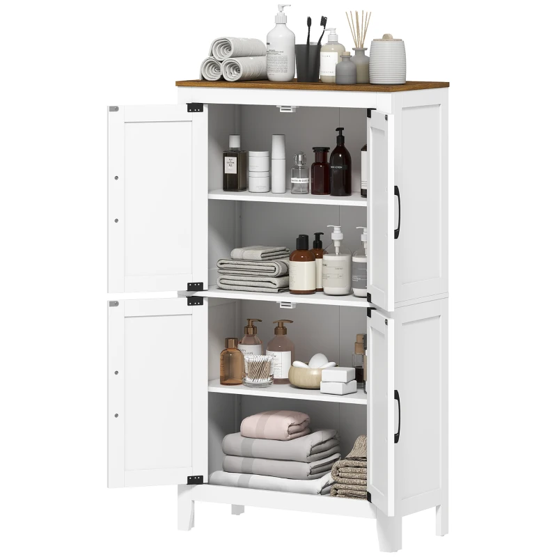 HOMCOM Meuble de salle de bain, meuble de rangement étroit avec 4 portes de grange et étagères réglables, blanc