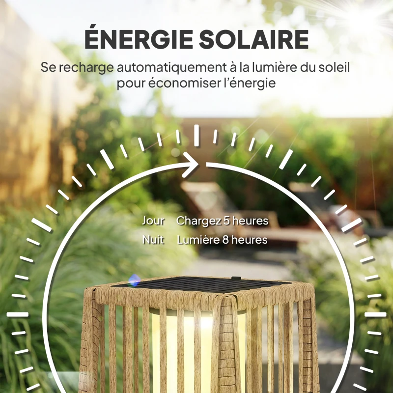 Outsunny Lanterne Solaire Extérieure en résine tressée lampadaire sans fil rechargeable  capteur de lumière 19 x 19 x 68 cm sable