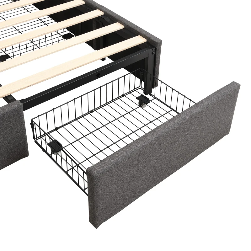 Spacious Upholstered Bed with 4 Under‑Bed Drawers, Cozy Bed Frame with Soft Headboard and Linen Surface, 208L x 140W x 111H cm, Grey